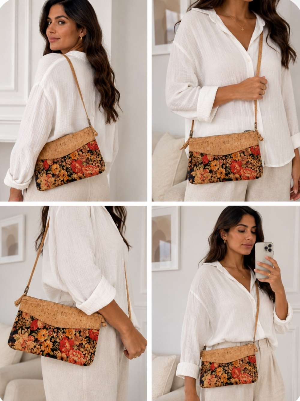 Floral Cork Crossbody Bag - Black & Orange